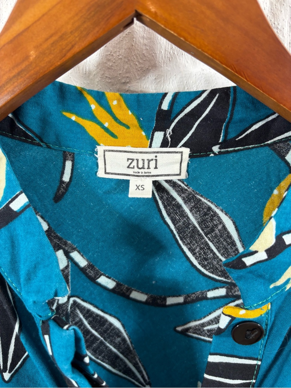 Zuri Kenya Dress Womens XS Turquoise Blue Yellow Floral Cotton Shirt Dress - Picture 2 of 5